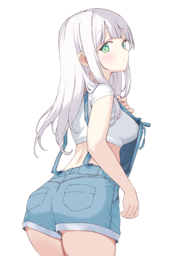 1girl ass blue_overalls blue_shorts blunt_bangs blush breasts closed_mouth crop_top green_eyes long_hair looking_at_viewer maigoyaki medium_breasts midriff original overall_shorts overalls shirt short_sleeves shorts simple_background solo white_background white_hair white_shirt