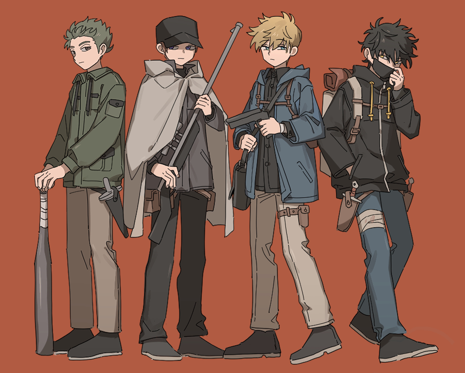 4boys adapted_costume adjusting_mask arafune_tetsuji backpack bag bandaged_leg bandages baseball_bat baseball_cap belt_buckle black_footwear black_hair black_headwear black_jacket black_pants black_shirt blonde_hair blue_jacket blue_pants brown_hair buckle casual cloak collared_shirt covered_mouth dagger drawstring dress_shirt full_body green_hair green_jacket grey_cloak grey_jacket grey_pants gun hand_in_pocket handgun hat holding holding_gun holding_weapon holster holstered hood hood_down hooded_cloak hooded_jacket inukai_sumiharu jacket kageura_masato knife long_sleeves looking_at_viewer male_focus mask mouth_mask multiple_boys murakami_kou nana_0253 own_hands_together pants red_background rifle shirt shoes short_hair shoulder_bag shoulder_holster simple_background sniper_rifle spiked_hair standing thigh_holster turtleneck untucked_shirt weapon world_trigger zipper
