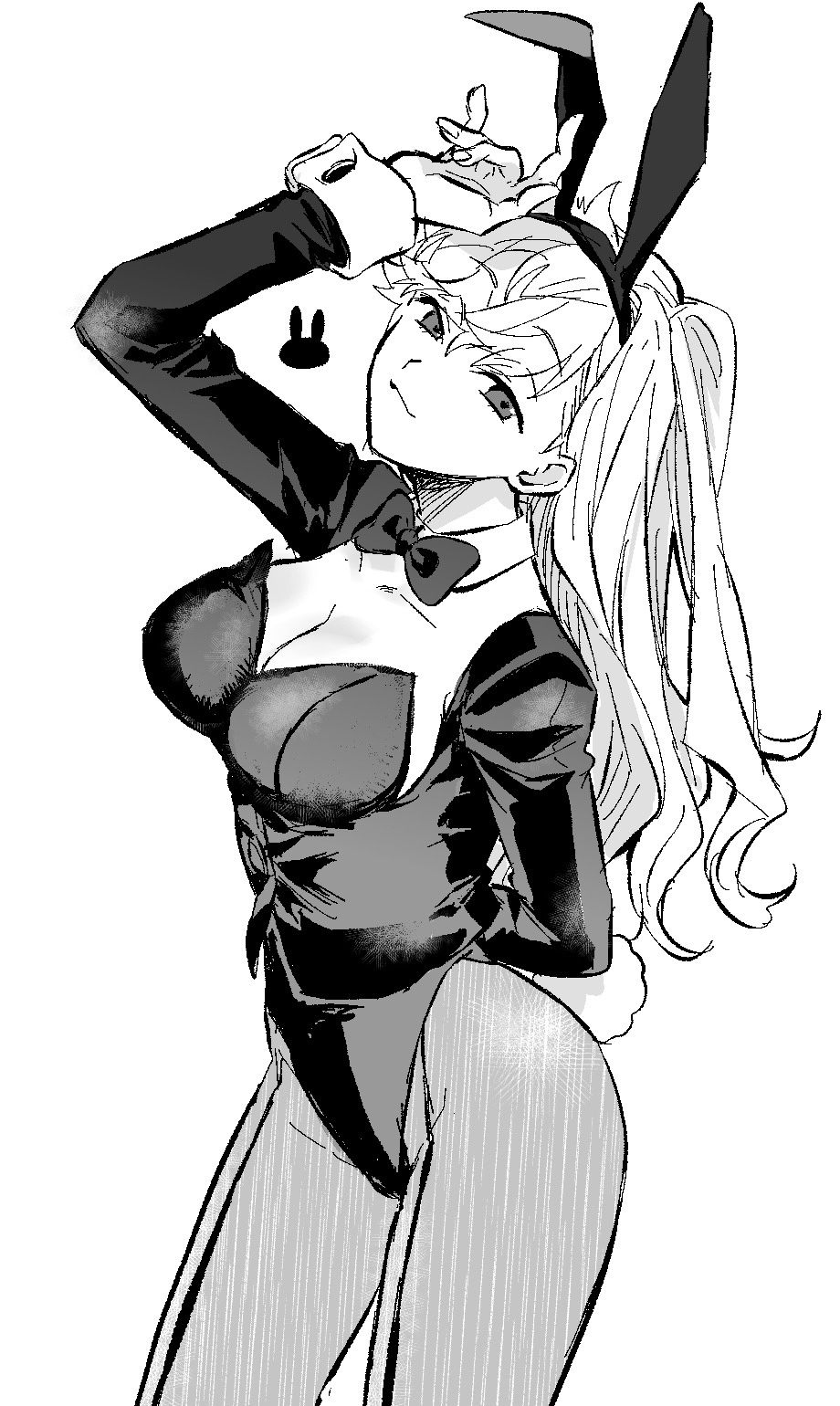 1girl animal_ears bow bowtie breasts cleavage cowboy_shot cropped_jacket detached_collar fake_animal_ears fake_tail front-seamed_legwear genderswap genderswap_(mtf) greyscale hairband half-closed_eyes hand_up head_tilt highres inukai_sumiharu kuzumiya_yuyu large_breasts leotard leotard_under_clothes long_hair long_sleeves looking_at_viewer medium_breasts monochrome pantyhose playboy_bunny rabbit_ears rabbit_tail seamed_legwear simple_background smile solo strapless strapless_leotard tail world_trigger wrist_cuffs