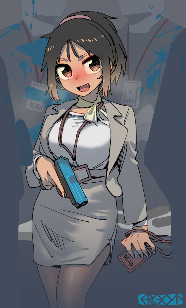 1girl 2boys breasts brown_eyes brown_hair business_suit commentary ergot faceless faceless_male fang formal_clothes id_card lanyard large_breasts multiple_boys open_mouth original paint paint_gun paint_splatter pantyhose pencil_skirt ponytail scarf skirt suit trigger_discipline