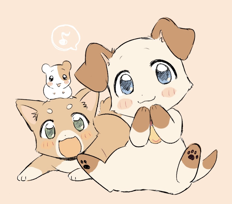 2000s_(style) :3 animal animal_focus baby_animal blue_eyes blush_stickers collar commentary_request dog fukurai_hanano hamster looking_at_viewer musical_note no_humans official_style pawpads ponta_(pukupuku_tennen_kairanban) pukupuku_(pukupuku_tennen_kairaiban) pukupuku_tennen_kairanban puppy sitting spoken_musical_note yamada_(pukupuku_tennen_kairanban)