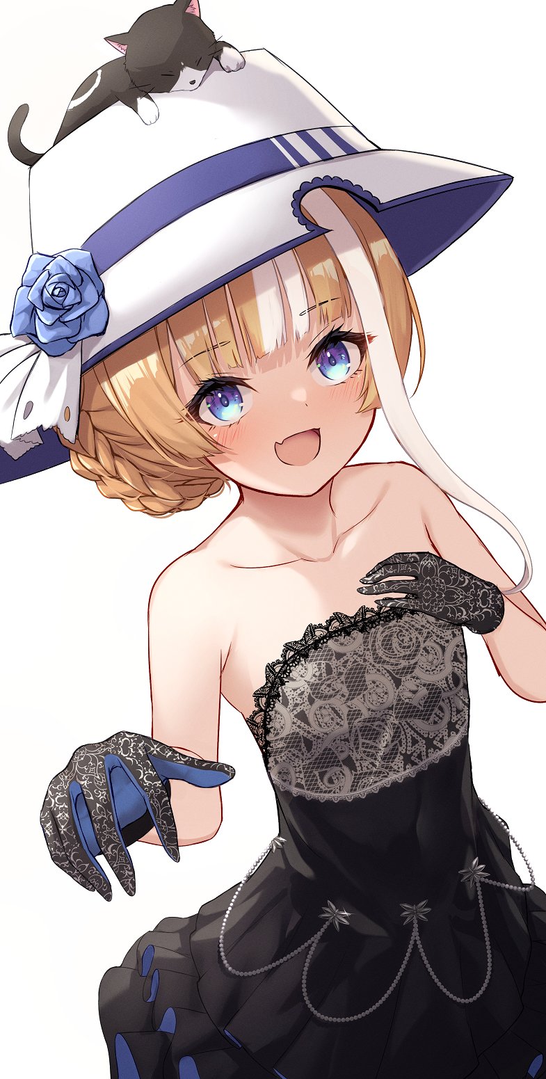 1girl akikawa_yayoi_(umamusume) alternate_costume alternate_hairstyle animal animal_on_head bare_arms bare_shoulders black_dress black_gloves blue_eyes blue_gloves blue_hat blunt_bangs blush braid braided_bun brown_hair cat cat_on_head collarbone commentary commentary_request dress fang floral_print flower frilled_dress frills gloves hair_bun hand_on_own_chest happy hat hat_flower hat_ornament highres lace lace-trimmed_dress lace_gloves lace_trim looking_at_viewer merxkialis multicolored_hair multicolored_hat on_head open_mouth out_of_frame outstretched_hand shadow simple_background skin_fang sleeveless sleeveless_dress solo strapless strapless_dress streaked_hair two-tone_gloves umamusume white_background white_hat