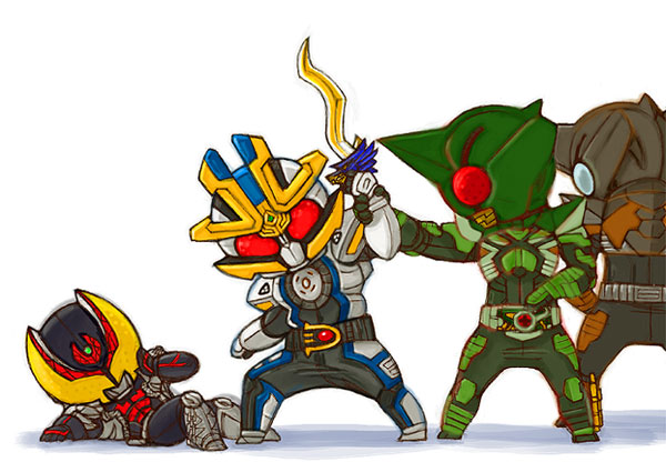 4boys belt chibi kamen_rider kamen_rider_ixa kamen_rider_kabuto_(series) kamen_rider_kick_hopper kamen_rider_kiva kamen_rider_kiva_(series) kamen_rider_punch_hopper kaos male_focus multiple_boys sword weapon