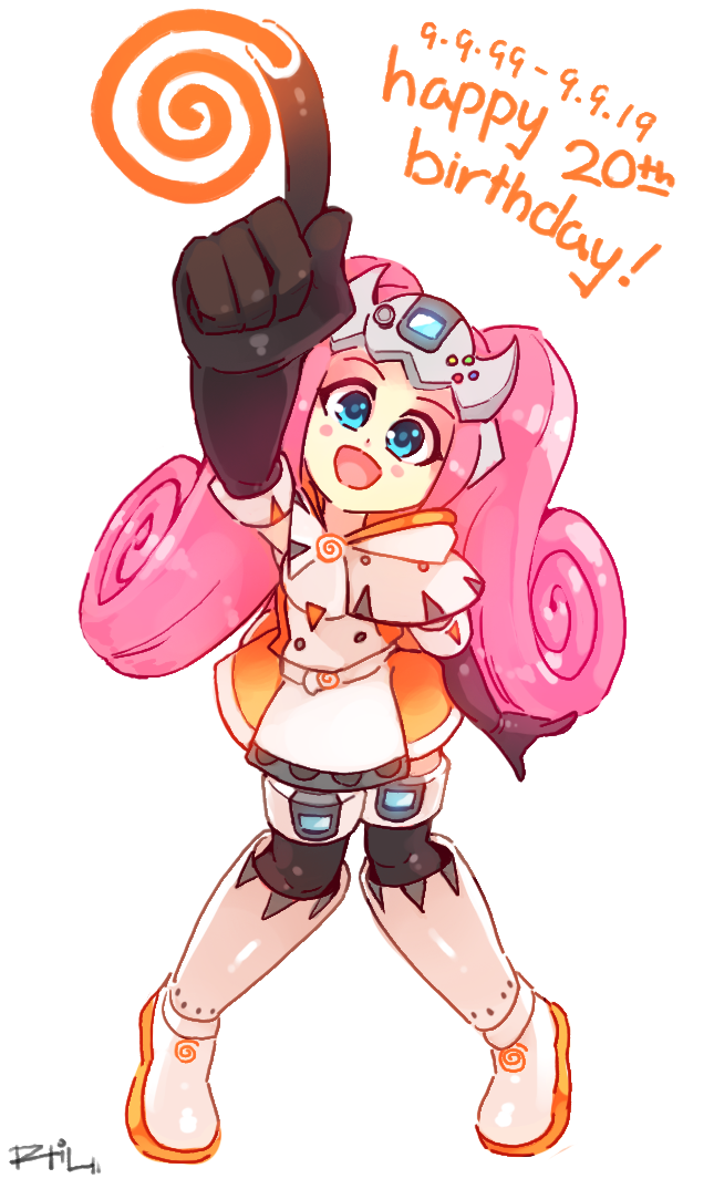 1girl anniversary black_gloves black_thighhighs blue_eyes blush_stickers boots commentary curly_hair dress english_commentary female_focus fourth_wall game_console gloves happy_birthday head_tilt index_finger_raised knee_boots long_hair personification pink_hair rtil sega sega_dreamcast sega_hard_girls solo swirl thighhighs tiptoes twintails