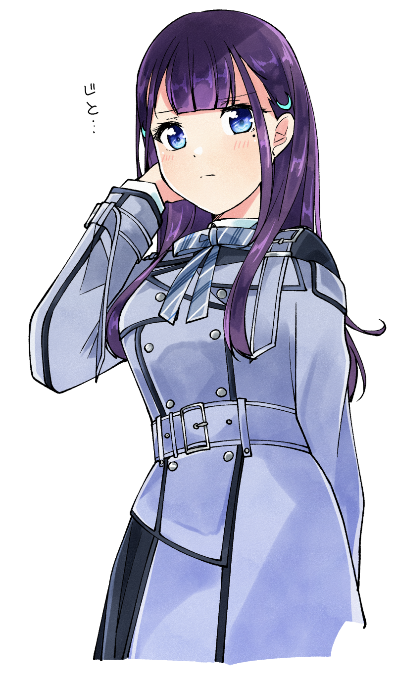 1girl 22/7 arm_behind_back belt blue_belt blue_eyes bow bowtie center-flap_bangs closed_mouth cowboy_shot diagonal-striped_bow diagonal-striped_bowtie diagonal-striped_clothes dress fanged_bangs hair_ornament hand_in_own_hair highres ichinose_hotaru jitome kamisama_datte_kimerarenai long_hair looking_at_viewer mole mole_under_eye multicolored_dress purple_hair simple_background solo striped_clothes trefle_r white_background