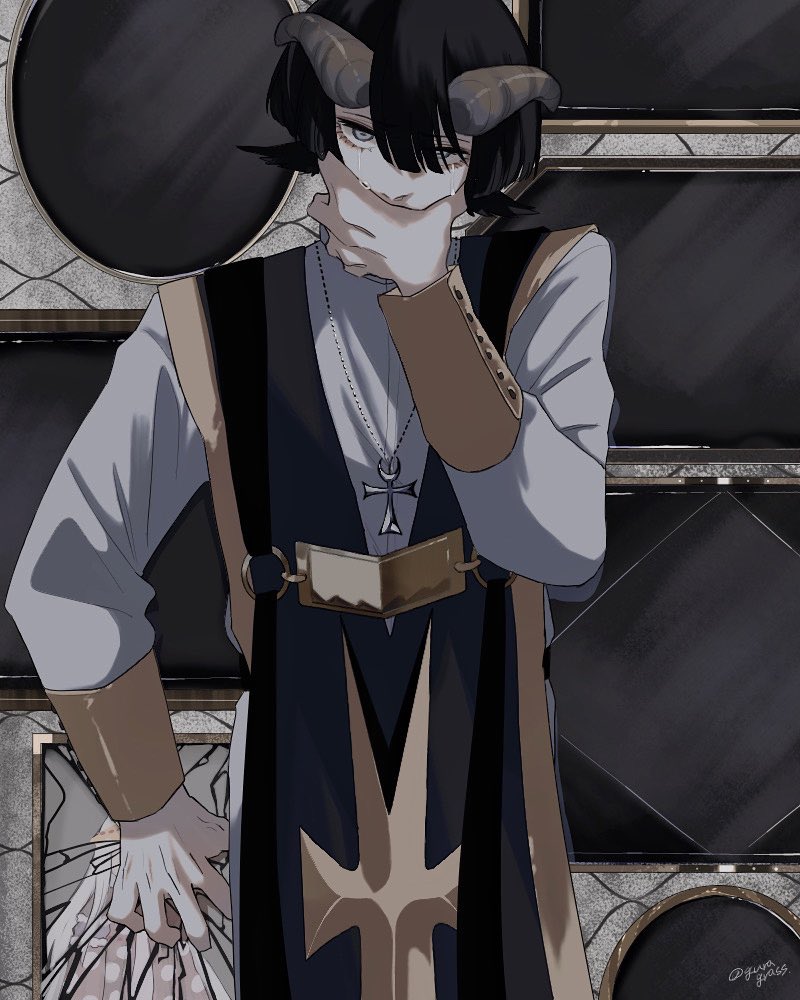 1boy aurora_sya_lis_kaymin blue_eyes blue_hair broken_glass commentary_request crying demon_cleric glass goat_boy goat_horns gura_(zaxtusyku1111) hair_between_eyes hand_on_own_face horns jewelry long_sleeves looking_at_viewer maou-jou_de_oyasumi necklace painting_(object)