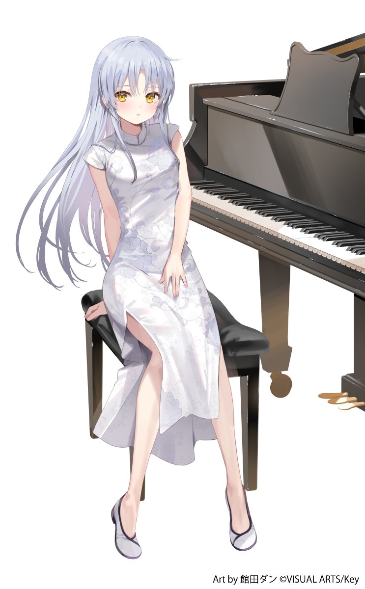 1girl angel_beats! china_dress chinese_clothes commentary_request dress full_body grand_piano grey_hair highres instrument kanda_done long_hair looking_at_viewer official_art piano piano_bench shoes sitting solo tachibana_kanade white_dress white_shoes yellow_eyes
