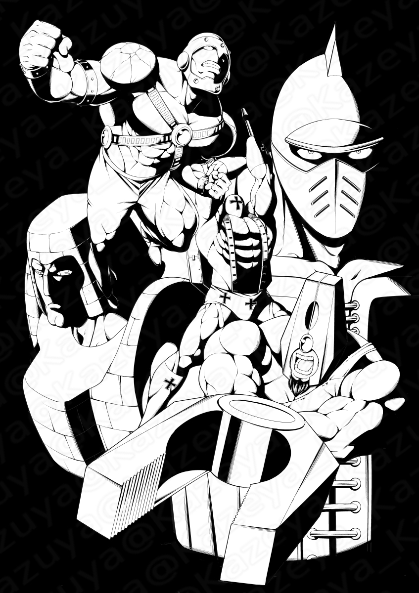5boys abs arm_cannon beard black_background cannonballer cyborg facial_hair golemman high_contrast highres kazeya_kazuya kinnikuman kinnikuman_big_body leopardon_(kinnikuman) mask monochrome multiple_boys muscular pinchman twitter_username weapon