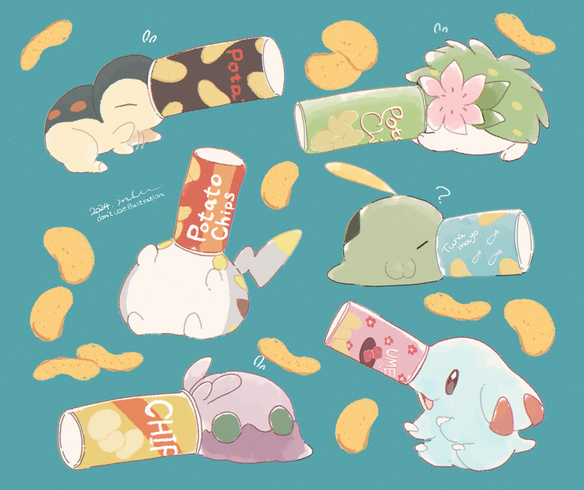 ? blue_background brown_eyes chips_(food) closed_eyes cyndaquil dated flower food full_body game_freak gen_2_pokemon gen_3_pokemon gen_4_pokemon gen_6_pokemon gen_7_pokemon goomy gulpin highres legendary_pokemon mkt_(buizu-miki) mythical_pokemon nintendo no_humans open_mouth phanpy pokemon pokemon_(creature) potato_chips shaymin shaymin_(land) simple_background smile togedemaru