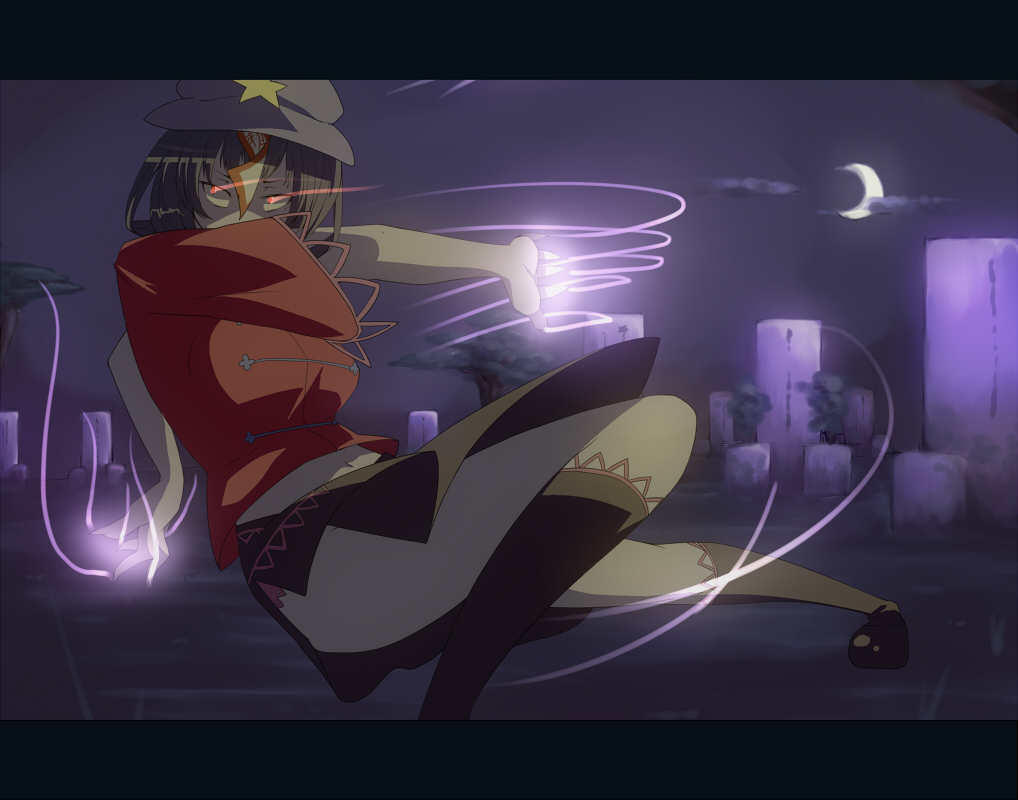 1girl attack breasts crescent_moon dark female_focus fingernails glowing glowing_eyes grave graveyard hat jumping kneehighs letterboxed light_trail midriff miyako_yoshika moon navel night pale_skin purple_hair red_eyes socks solo string tenkomori_(bug_kura) touhou underwear