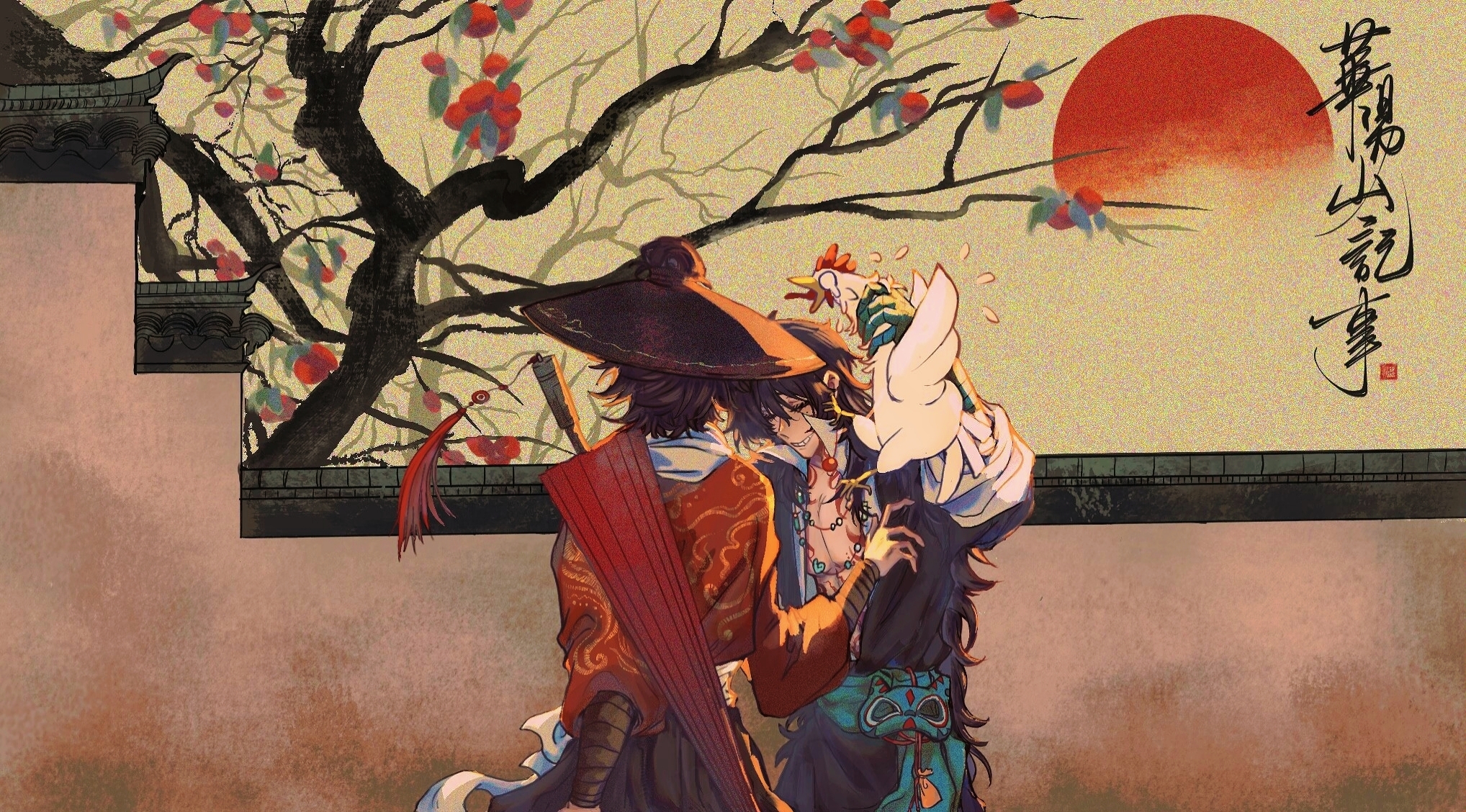 2boys animal aqua_sash bird black_hair black_hat black_jacket cen_boyao chest_tattoo chicken chinese_commentary chinese_text closed_eyes commentary_request grin hat highres holding holding_animal jacket long_hair male_focus mole mole_under_eye multiple_boys open_clothes open_jacket open_shirt red_eyes rooster shirt short_hair smile tattoo tianyi_(springtrap942) touqi_guaitan translation_request white_shirt zhao_yuwen