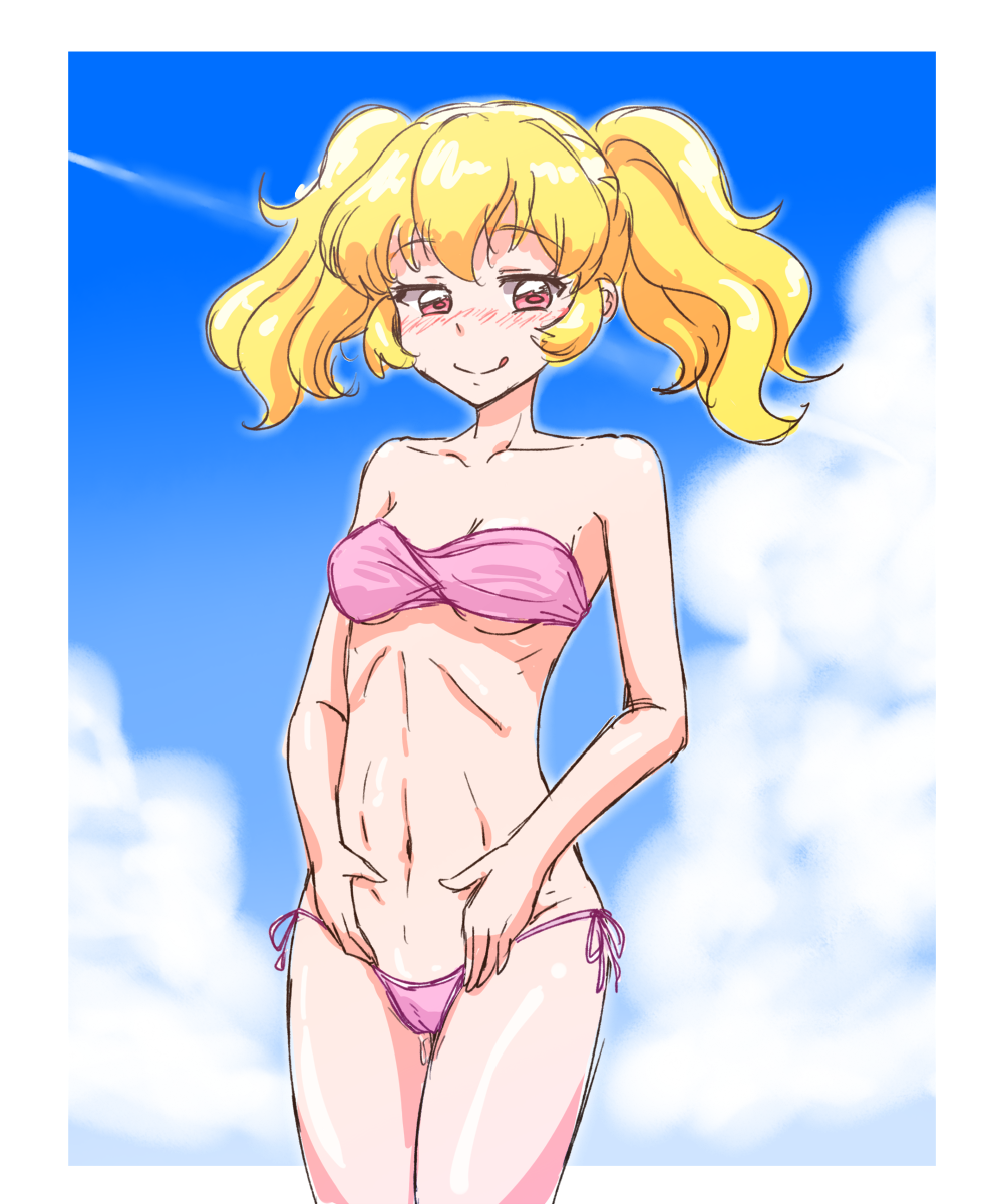 1girl :p aikatsu!_(series) aikatsu_stars! bare_arms bare_shoulders bikini blonde_hair blue_sky blush border breasts cameltoe cleavage closed_mouth cloud cloudy_sky collarbone cowboy_shot day highres hoshimiya_ichigo kurorook looking_at_viewer medium_breasts midriff naughty_face navel nose_blush outdoors outside_border pink_bikini red_eyes shiny_skin side-tie_bikini_bottom sideways_glance sky solo stomach strapless strapless_bikini string_bikini swimsuit toned tongue tongue_out twintails underboob white_border