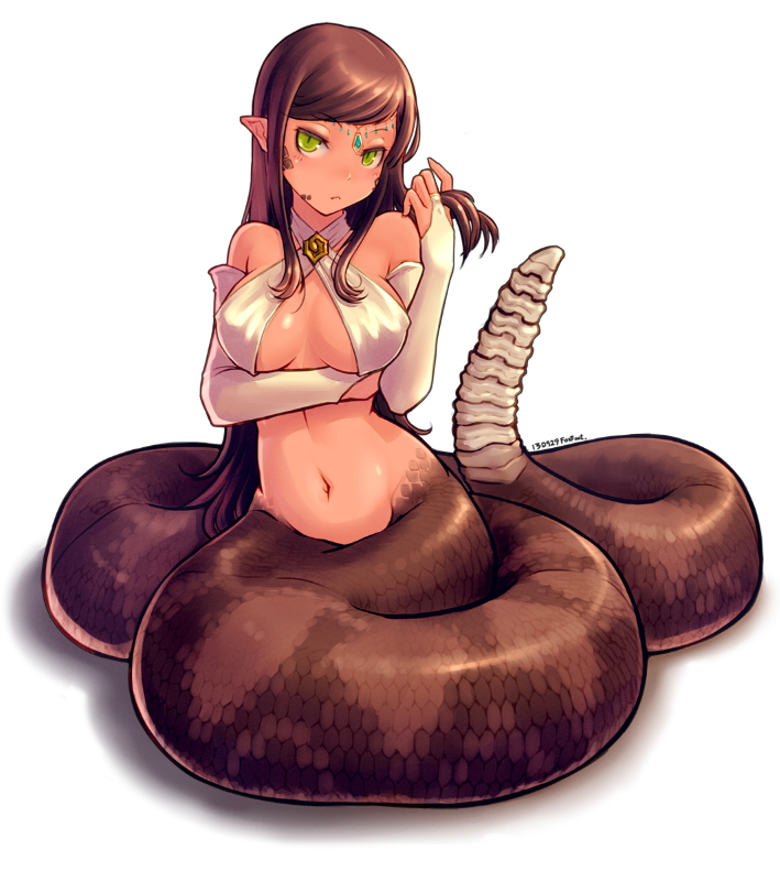 1girl breasts brown_hair cleavage dated female_focus foxfoot frown green_eyes halterneck head_tilt lamia large_breasts long_hair midriff monster_girl navel original playing_with_own_hair pointy_ears rattlesnake scales sideboob simple_background sitting slit_pupils solo underboob very_long_hair white_background