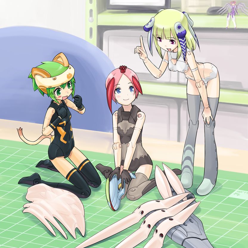 10s 3girls animal_ears bent_over black_thighhighs blonde_hair blue_eyes blush busou_shinki doll_joints flat_chest gloves green_eyes green_hair grey_thighhighs joints juvisy kneeling maochao mini_person minigirl multicolored_hair multiple_girls pink_hair pointing purple_eyes red_hair smile tail thighhighs two-tone_hair ugai_yuichi zettai_ryouiki zyrdarya