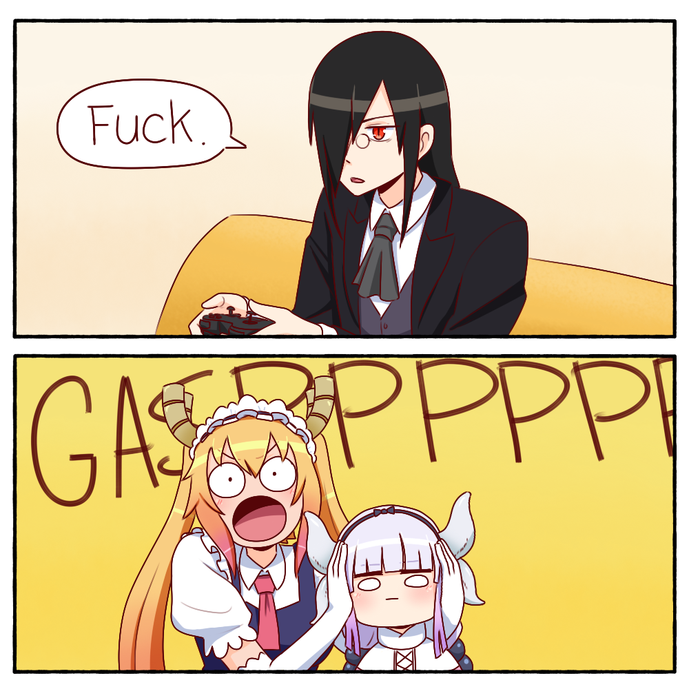 0_0 1boy 2girls black_hair black_jacket blonde_hair blue_dress blush bow commentary controller covering_another&#039;s_ears dress english_commentary english_text fafnir_(maidragon) game_controller gasp glasses gradient_hair hair_bow hair_over_one_eye hairband holding holding_controller holding_game_controller jacket jaw_drop kanna_kamui kobayashi-san_chi_no_maidragon long_hair meme multicolored_hair multiple_girls one_eye_covered open_clothes open_mouth purple_hair red_eyes red_hair ruby_says_fuck_(meme) shirt silent-shanin sitting speech_bubble standing tohru_(maidragon) white_hair white_shirt