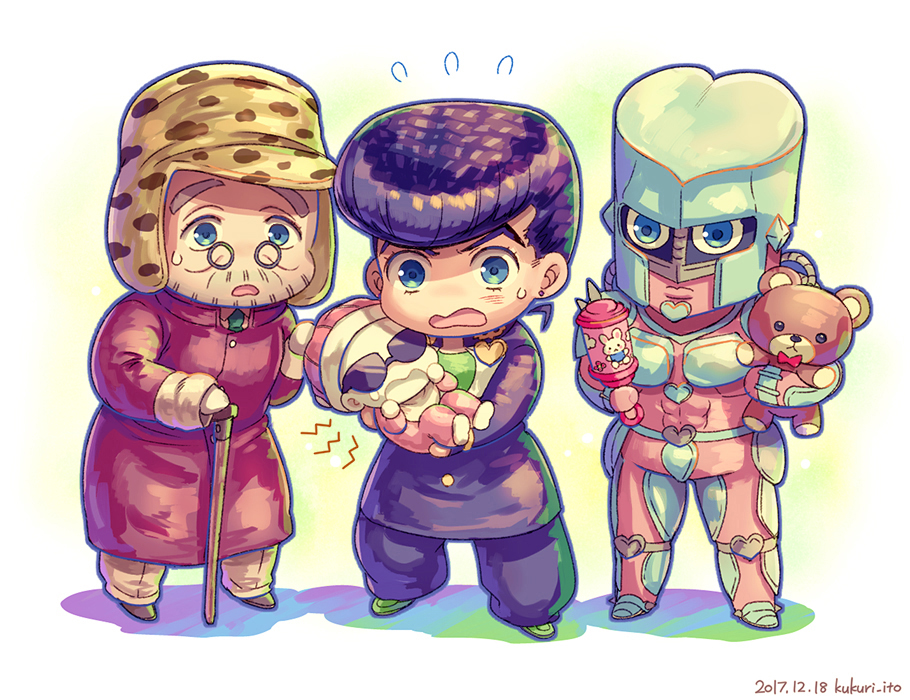 1girl 3boys baby bad_id bad_pixiv_id beanie blue_eyes cane chibi crazy_diamond crying diamond_wa_kudakenai dyresbroom glasses hat higashikata_josuke jojo_no_kimyou_na_bouken joseph_joestar joseph_joestar_(old) long_coat multiple_boys onesie peace_symbol polka_dot_headwear pompadour rattle round_eyewear shizuka_joestar stand_(jojo) stuffed_animal stuffed_toy sunglasses sweat sweatdrop teddy_bear