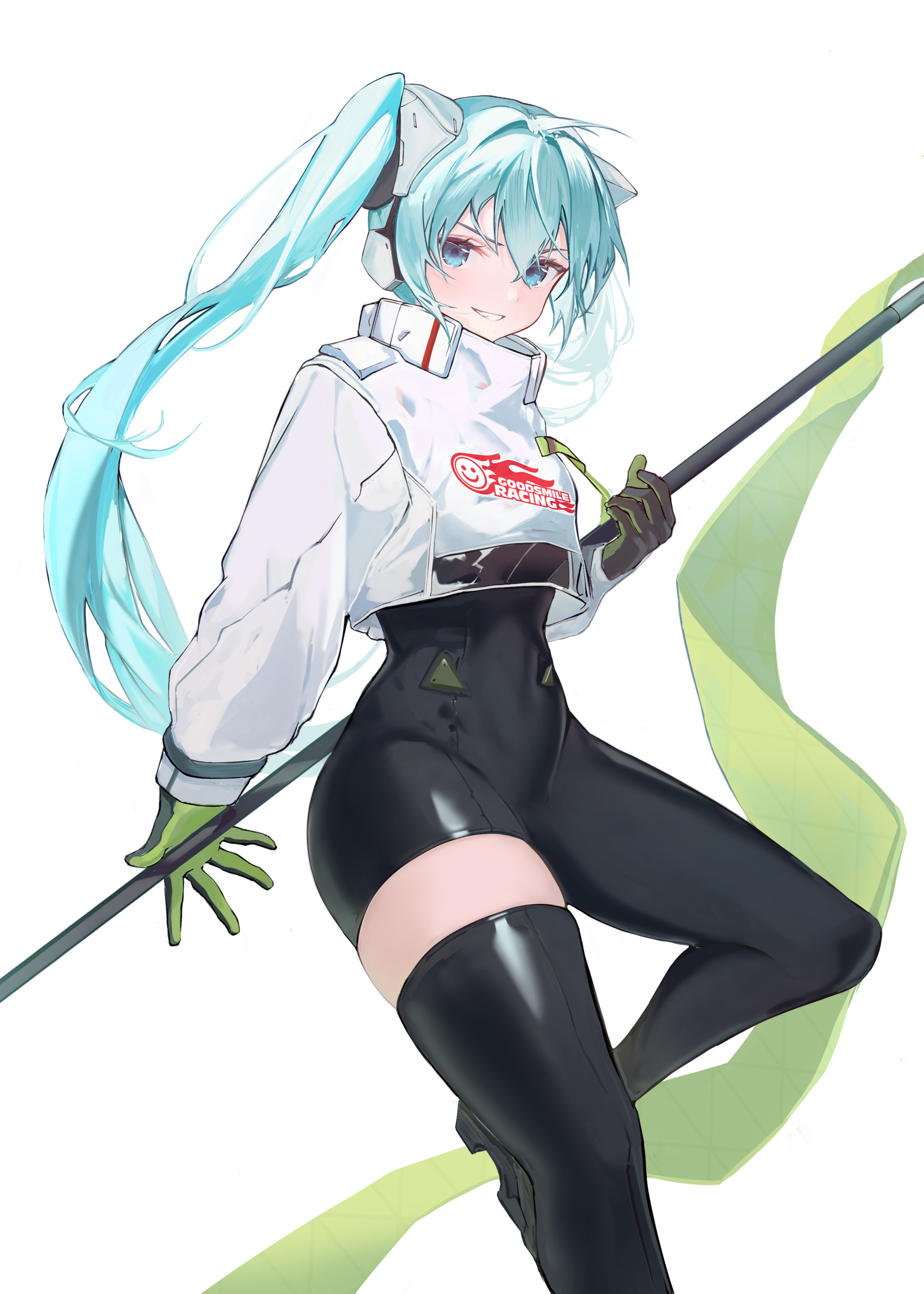 1girl absurdres aqua_hair asymmetrical_bodysuit black_boots black_gloves blue_eyes boots commentary_request cowboy_shot cropped_jacket flagpole gloves goodsmile_racing green_flag green_gloves hatsune_miku high_collar highres jacket kuki1628 leg_up logo long_hair looking_at_viewer racing_miku racing_miku_(2022) single_leg_bodysuit single_thigh_boot smile solo thigh_boots twintails two-sided_gloves vocaloid white_background white_jacket