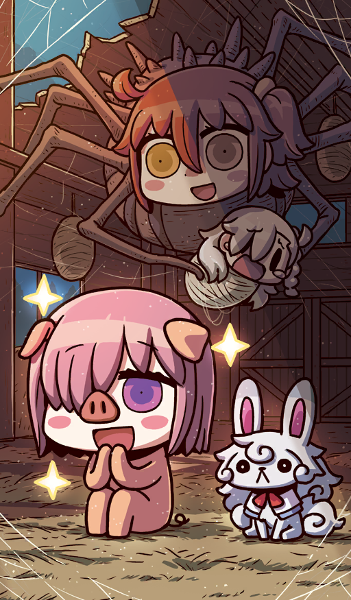 3girls ahoge animal_costume animal_ears arthropod_girl barn blush_stickers braid bug charlotte&#039;s_web chibi chibi_only chinese_zodiac cocoon commentary creature crying crying_with_eyes_open fate/grand_order fate_(series) fou_(fate) fujimaru_ritsuka_(female) hair_between_eyes hair_over_one_eye hay holding indoors insect_girl light_particles light_rays long_hair mash_kyrielight medium_hair multiple_girls official_art olga_marie_animusphere one_side_up open_mouth orange_eyes orange_hair orange_scrunchie parody pig_costume pig_ears pig_nose pink_hair riyo_(lyomsnpmp) scrunchie short_hair silk sitting smile sparkle spider spider_girl spider_web tears third-party_source white_hair year_of_the_pig