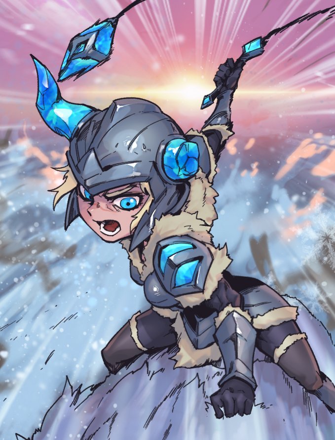 1girl :d armor black_gloves blonde_hair blue_eyes blurry blurry_background breasts broken_horn fur-trimmed_armor fur_collar fur_trim gloves helmet holding holding_weapon horns league_of_legends lower_teeth_only medium_breasts open_mouth phantom_ix_row riding sejuani smile snow solo sunset teeth tongue weapon