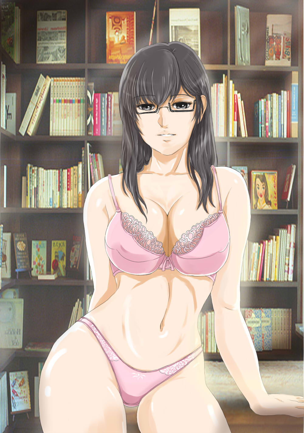 1girl biblia_koshodou_no_jikentechou black-framed_eyewear black_hair bookshelf bra breasts cleavage cowboy_shot earrings glasses highres jewelry long_hair looking_at_viewer navel panties pink_bra pink_panties remon_keiki semi-rimless_eyewear shinokawa_shioriko smile solo thighs under-rim_eyewear underwear underwear_only