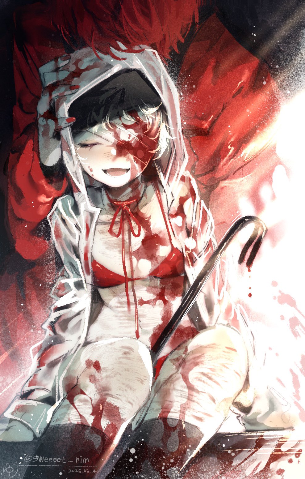 1boy 1girl bandage_over_one_eye bikini black_socks blood blood_on_body blood_on_clothes blood_on_face blood_on_hands closed_eyes coat commentary crowbar english_commentary hand_on_another&#039;s_head heroine_(homicipher) highres homicipher kneehighs mr._scarletella open_clothes open_coat raincoat red_bikini red_coat red_hair short_hair sitting socks sweeeet_him swimsuit white_hair white_raincoat