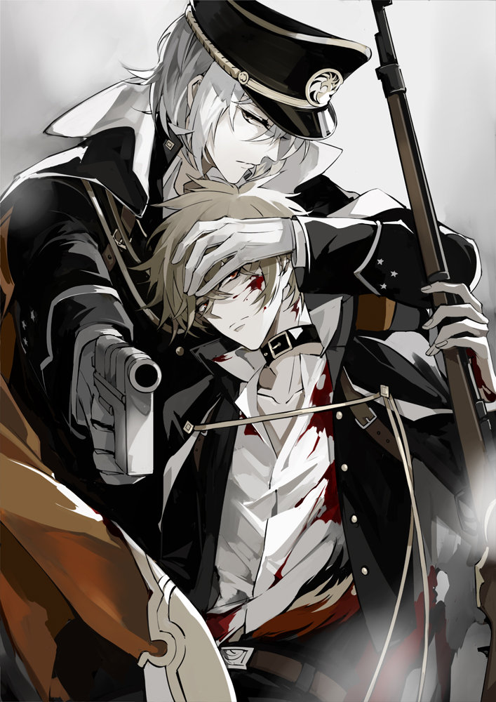 2boys aiming aiming_at_viewer belt belt_collar black_cape black_collar black_hat black_jacket blonde_hair blood blood_on_clothes blood_on_face bolt_action brown_belt cape chinese_commentary closed_mouth collar collarbone covering_another&#039;s_eyes crossed_bangs dezhou_chicken_(the_tale_of_food) flame_print fuli_chicken_(the_tale_of_food) gloves grey_eyes grey_hair gun hair_between_eyes handgun hat holding holding_gun holding_weapon jacket leaning_on_person long_sleeves looking_at_viewer male_focus mauser_c96 multiple_boys muted_color open_clothes open_jacket orange_cape orange_eyes peaked_cap pol popped_collar profile rifle serious shirt short_hair sideways_glance the_tale_of_food two-sided_cape two-sided_fabric upper_body weapon white_background white_gloves white_shirt