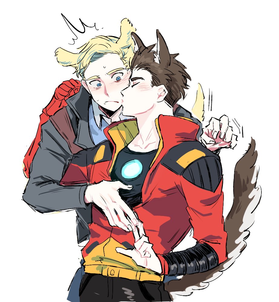 2boys animal_ear_fluff animal_ears arc_reactor armor avengers_(series) avengers_academy black_pants black_shirt blonde_hair blue_eyes blue_pants blue_shirt brown_hair buttons cat_ears cat_tail closed_eyes closed_mouth collarbone collared_shirt commentary_request dog_ears dog_tail fingernails grey_jacket hands_up jacket kemonomimi_mode kiss kissing_cheek korean_commentary long_sleeves looking_at_another male_focus marvel multicolored_jacket multiple_boys open_clothes open_jacket pants power_armor red_armor red_jacket rro_hr2 shirt short_hair simple_background standing steve_rogers sweatdrop t-shirt tail tony_stark white_background yaoi yellow_jacket