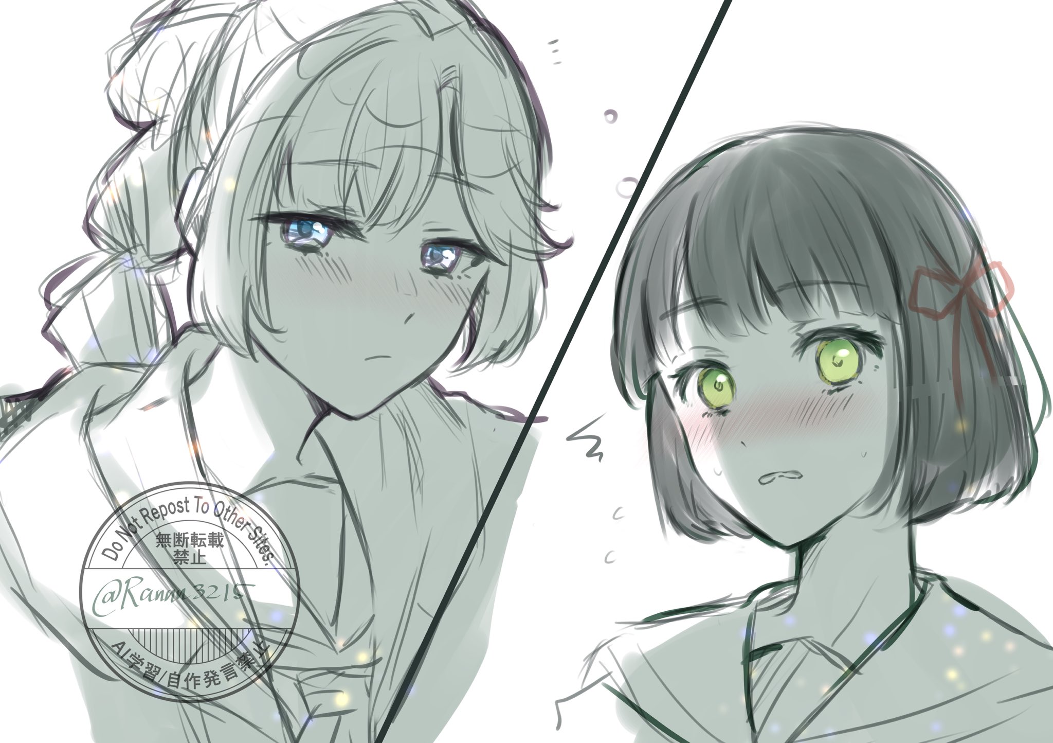 2girls anyoji_hime blue_eyes blunt_bangs blunt_ends blush bob_cut commentary_request dress flower_knot flying_sweatdrops green_eyes greyscale hair_ribbon hasu_no_sora_school_uniform highres hood hooded_jacket jacket link!_like!_love_live! long_hair long_sleeves love_live! momose_ginko monochrome multi-tied_hair multiple_girls neckerchief nose_blush notice_lines open_clothes open_jacket parted_lips ponytail ranmaro ribbon sailor_collar sailor_dress school_uniform short_hair sidelocks simple_background spot_color swept_bangs twitter_username virtual_youtuber watermark white_background winter_uniform