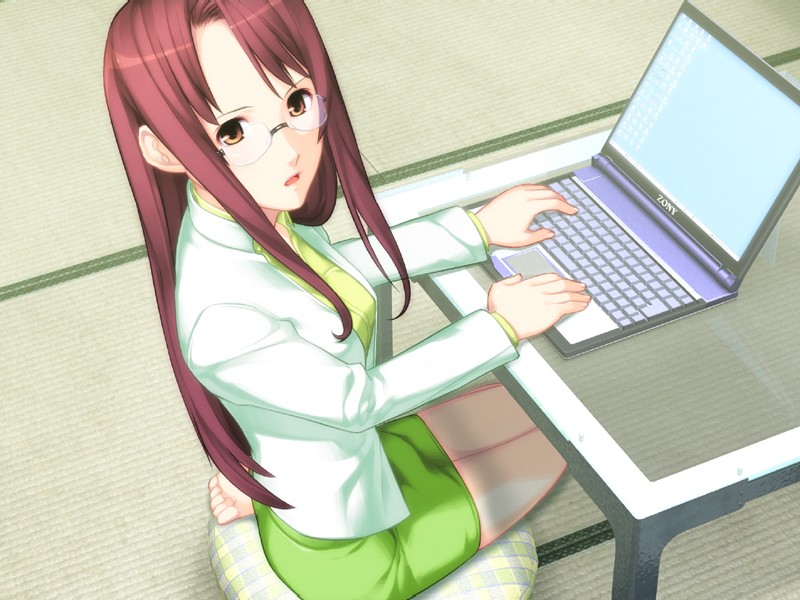 1girl angelos_armas barefoot chuuou_higashiguchi computer computer_keyboard female_focus from_above from_side game_cg glasses indoors jacket kneeling laptop long_hair looking_back miniskirt non-web_source open_mouth orange_eyes pillow plaid red_hair sitting skirt solo table tatami toes watabe_komaki yokozuwari