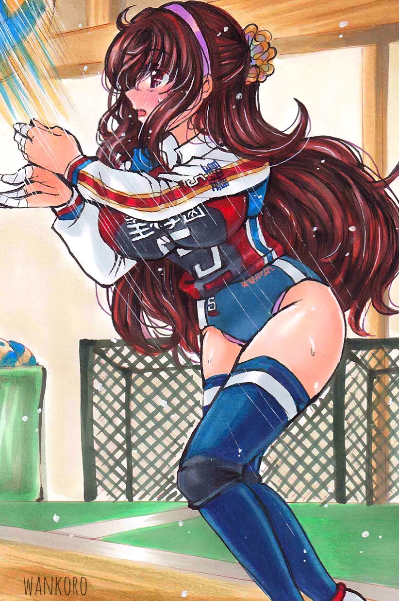 1girl amatsu_kanata artist_name ball bandaged_fingers bandages blue_buruma blue_socks breasts brown_hair buruma clothes_writing feet_out_of_frame female_focus from_side girlfriend_(kari) hair_ornament hairband highres knee_pads long_sleeves panties panty_peek pink_panties playing_sports ponytail purple_hairband shirt_writing socks solo sportswear sweat underwear uniform_number volleyball volleyball_(object) volleyball_uniform vs_mahjong_otome_ryouran wankoro
