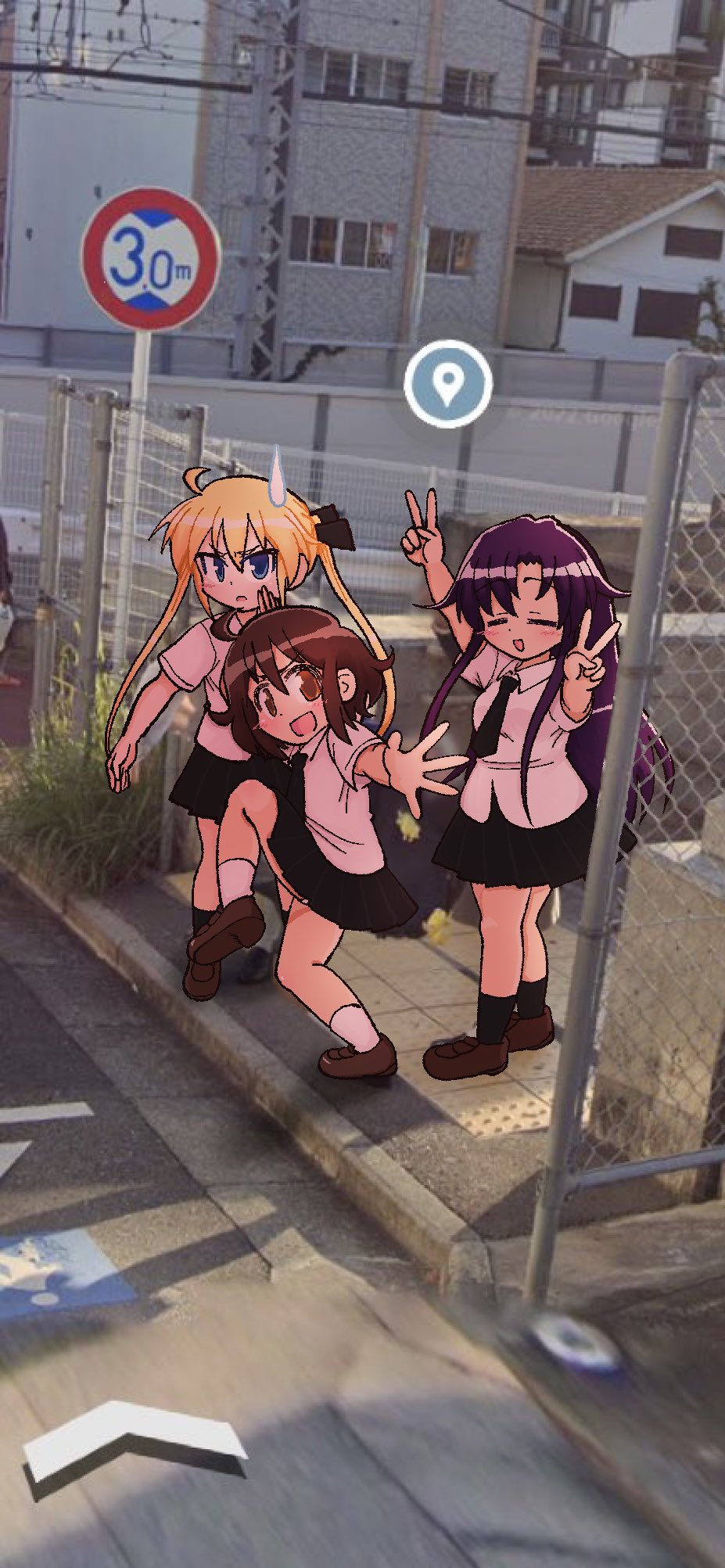3girls :d ahoge blonde_hair brown_eyes brown_hair closed_eyes dress_shirt fence goshiki_agiri hair_ribbon happy high_school_girls_posing_for_google_street_view_(meme) highres index_finger_raised kill_me_baby long_hair mary_janes meme multiple_girls necktie open_mouth oribe_yasuna parted_bangs pavement purple_hair ribbon school_uniform shirabasu shirt shoes short_hair smile sonya_(kill_me_baby) speed_limit_sign sweatdrop twintails