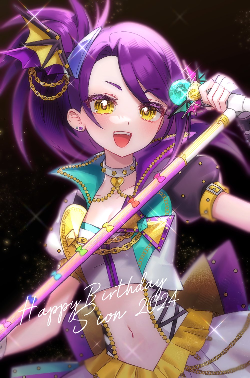 1girl :d black_background bow chain character_name choker chuu0105 cowboy_shot crop_top cropped_jacket earrings fingerless_gloves gloves hair_ornament happy_birthday highres holding holding_microphone idol jacket jewelry long_hair looking_at_viewer microphone microphone_stand multicolored_jacket music navel open_clothes open_jacket open_mouth pretty_series pripara purple_hair side_ponytail singing skirt smile solo standing toudou_shion white_choker white_gloves white_skirt wing_hair_ornament yellow_eyes