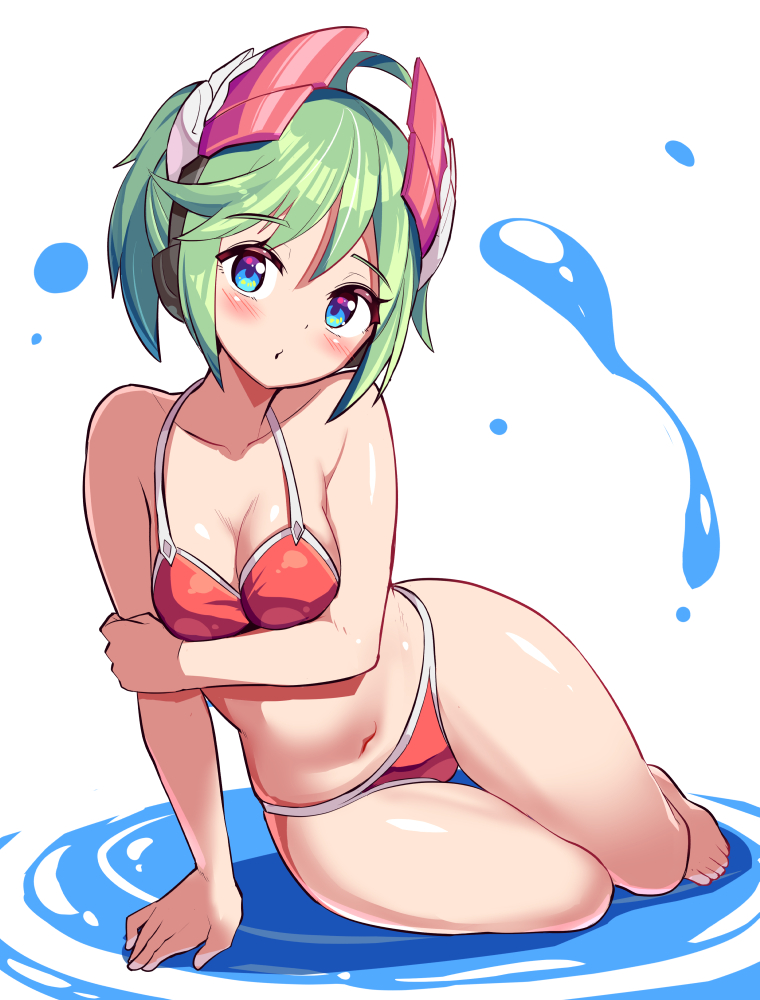 1girl azure_striker_gunvolt azure_striker_gunvolt_2 bikini blue_eyes breasts cougar_(cougar1404) full_body green_hair headgear high_ponytail long_hair navel ponytail red_bikini roro_(gunvolt) simple_background small_breasts solo swimsuit water white_background