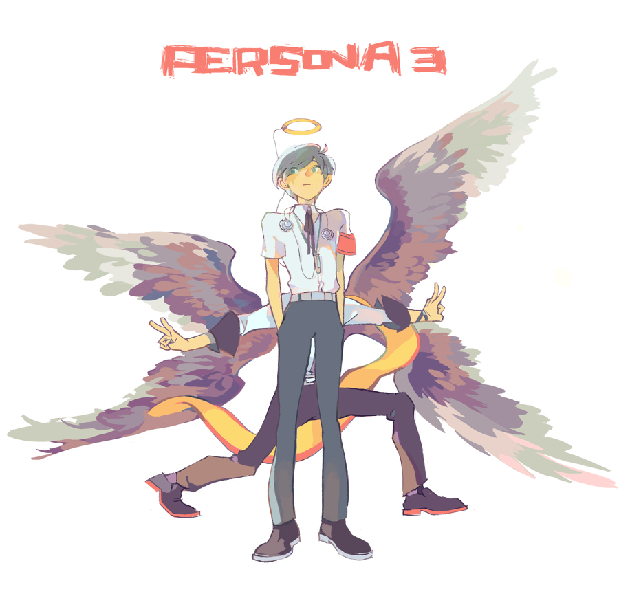 amber389 blue_eyes blue_hair fake_halo halo mochizuki_ryouji multiple_boys multiple_wings persona persona_3 ribbon scarf school_uniform short_hair wings yuuki_makoto_(persona_3)