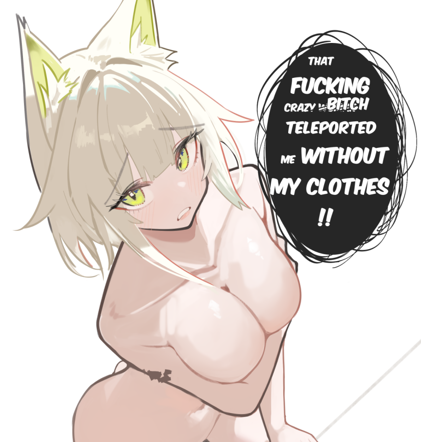 1girl alternate_breast_size animal_ear_fluff animal_ears arknights breasts cat_ears cat_girl cat_tail collarbone commentary completely_nude covering_breasts covering_privates english_commentary from_above green_eyes green_hair kal&#039;tsit_(arknights) large_breasts material_growth navel nude nuggetkouhai oripathy_lesion_(arknights) parted_lips profanity short_hair simple_background solo speech_bubble tail white_background