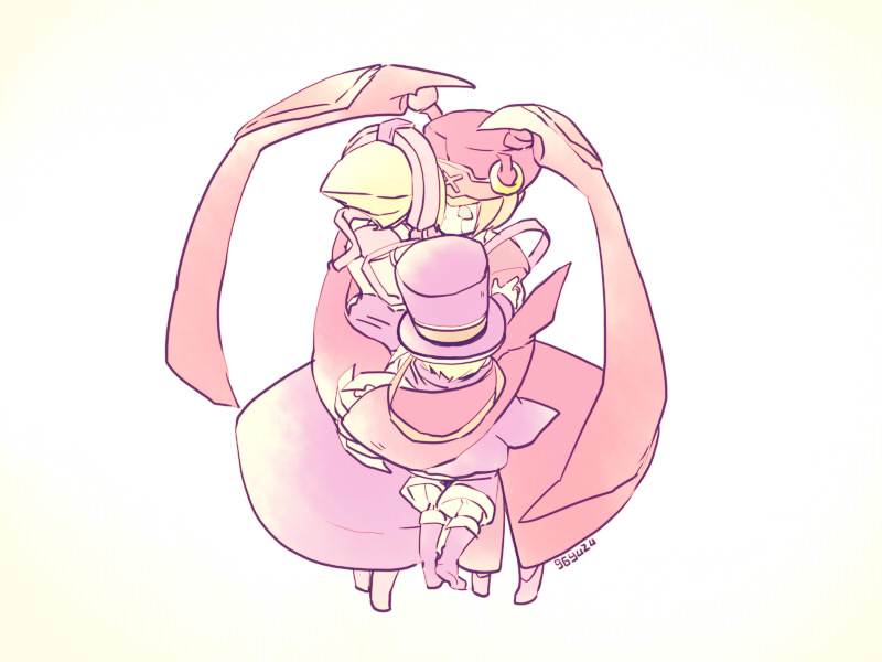 1boy 2girls arc_system_works back bad_id bad_pixiv_id blazblue boots brother_and_sister carl_clover dress hat hug ignis_(blazblue) kuro_yuzu mask mother_and_daughter mother_and_son multiple_girls nirvana_(blazblue) pink_hat siblings