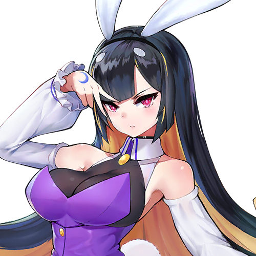 1girl animal_ears arm_up baekto_(last_origin) bare_shoulders black_hair blonde_hair breasts closed_mouth colored_inner_hair crescent_moon crescent_moon_symbol detached_sleeves eyelashes female_focus game_cg high_collar large_breasts last_origin long_hair looking_at_viewer magical_girl mark_on_hand moon multicolored_hair official_art pink_eyes puffy_detached_sleeves puffy_sleeves rabbit_ears rabbit_tail sima_(startwitch) sleeveless transparent_background two-tone_hair upper_body v v_over_eye