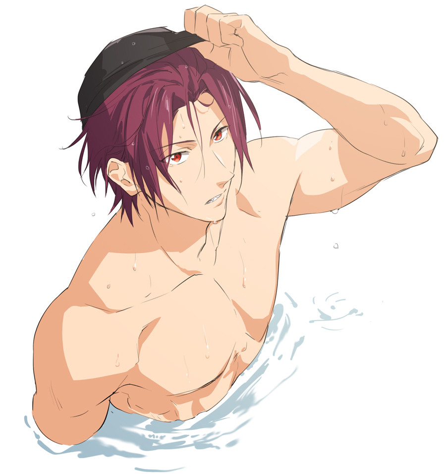 1boy curtained_hair free! from_above looking_at_viewer male_focus matsuoka_rin okii_(oh_ki_ik) partially_submerged red_eyes red_hair sharp_teeth solo swim_cap teeth upper_body water