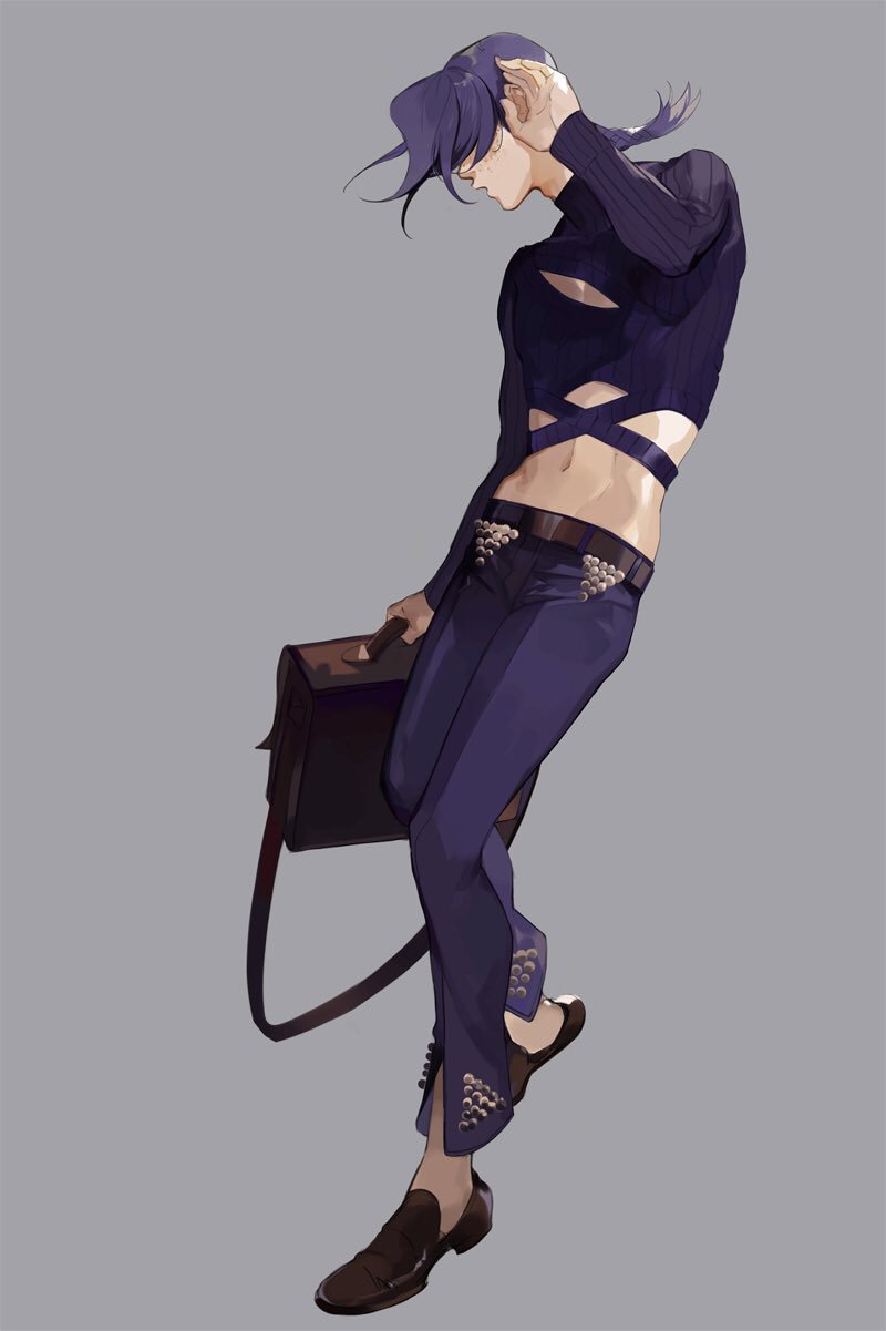 1boy arm_up bad_source belt briefcase brown_belt brown_shoes cleavage_cutout clothing_cutout covered_eyes dutch_angle freckles full_body grey_background groin hair_over_eyes hand_in_own_hair highres holding holding_briefcase jojo_no_kimyou_na_bouken loafers male_focus midriff mullet multi-strapped_shirt nineo pants purple_hair purple_pants purple_shirt shirt shoes simple_background solo vento_aureo vinegar_doppio