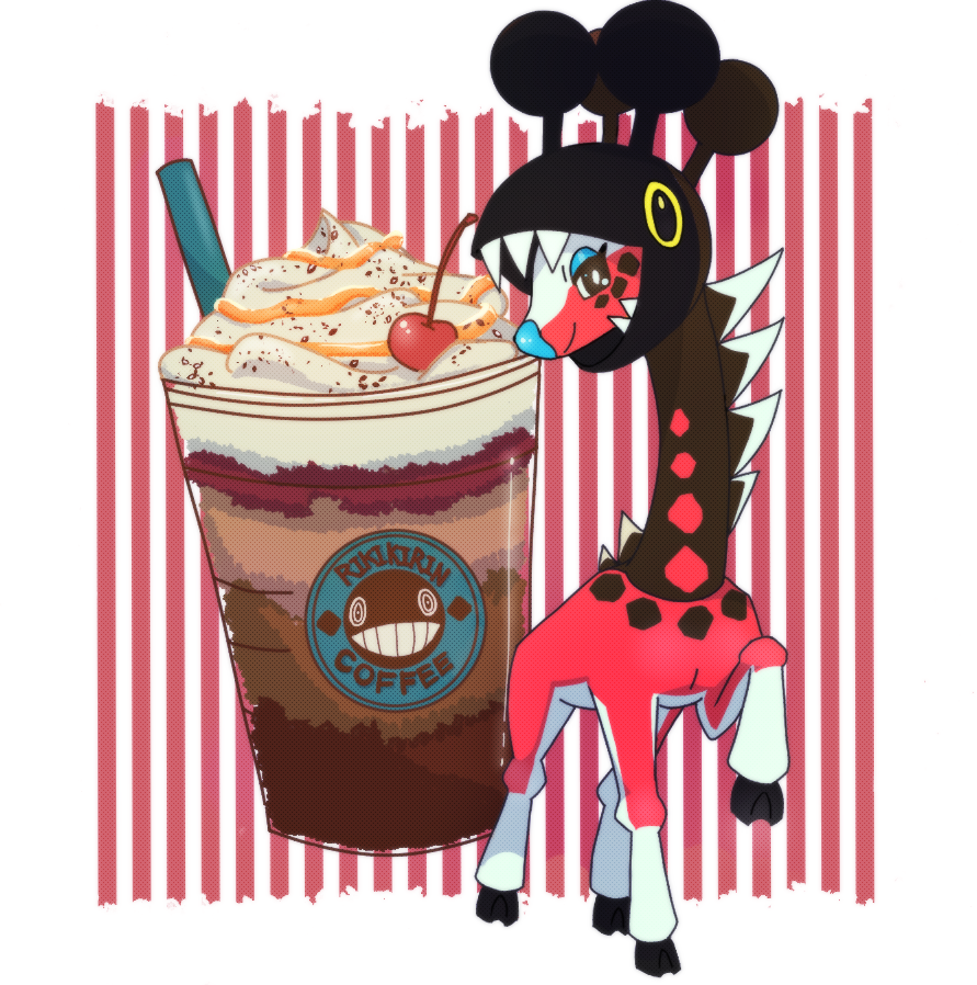 alternate_color border bright_pupils brown_eyes cherry closed_mouth commentary_request drinking_straw farigiraf food fruit haruki_sparsa leg_up nintendo no_humans pokemon pokemon_(creature) shiny_pokemon smile solo white_border white_pupils