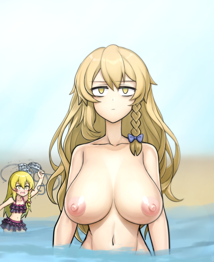 1boy 1girl bags_under_eyes bikini black_bikini blonde_hair blue_bow blurry blurry_background bow braid breasts cleavage closed_mouth commentary_request completely_nude cookie_(touhou) crossdressing expressionless frilled_bikini frills genderswap genderswap_(ftm) hair_bow jigoku_no_soko_de_coffee_wo_nomu_neko kirisame_marisa large_breasts long_hair mars_(cookie) navel nude ocean outdoors rei_(cookie) side_braid single_braid solo_focus swimsuit touhou trap unworn_bikini upper_body variant_set white_bikini yellow_eyes