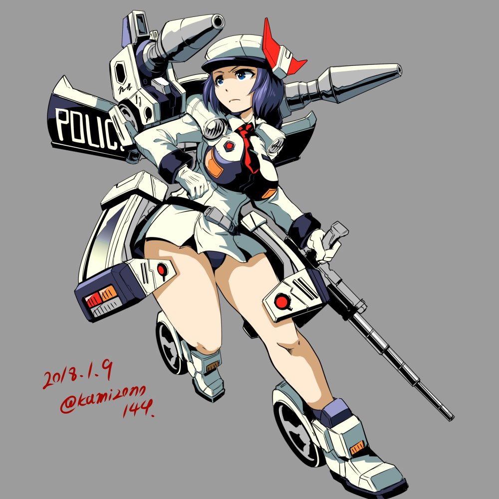 1girl artist_name autobot black_panties blue_eyes blue_hair breasts dark_blue_hair genderswap genderswap_(mtf) grey_background gun holding holding_gun holding_weapon kamizono_(spookyhouse) large_breasts mecha_musume necktie no_pants panties personification police prowl_(transformers) red_necktie short_hair short_necktie shoulder_cannon solo transformers underwear v-fin weapon