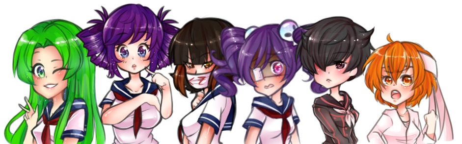6+girls alternate_costume ayano_aishi bandana black_hair blush breasts brown_eyes chibi delinquent drill_hair green_eyes green_hair kokona_haruka_(yandere_simulator) large_breasts long_hair looking_at_viewer midori_gurin_(yandere_simulator) multiple_girls open_mouth orange_eyes orange_hair parted_lips purple_eyes purple_hair school_uniform shima_shita short_hair smile supana_churu_(yandere_simulator) upper_body yandere yandere_simulator