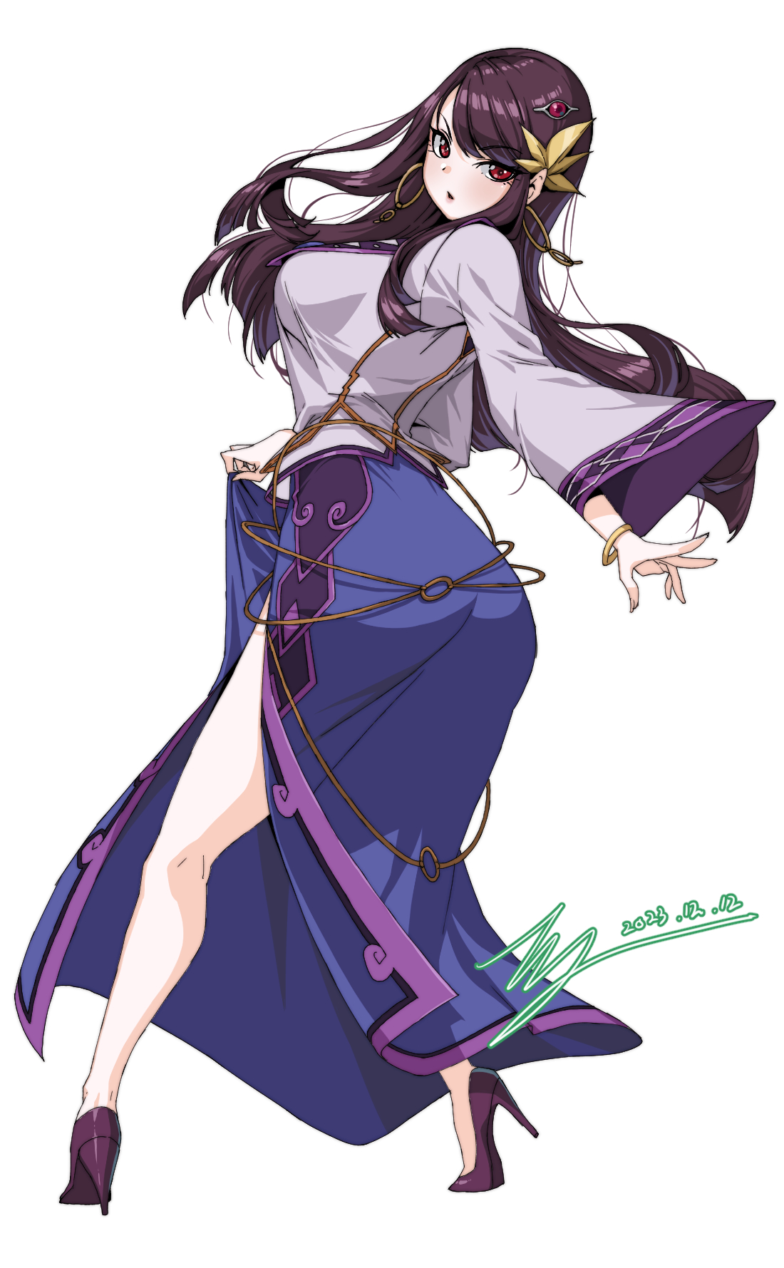 1girl ass bare_legs blue_dress bracelet breasts commentary commission dated dot_nose dress dungeon_and_fighter earrings english_commentary from_behind full_body hair_ornament high_heels highres jewelry large_breasts legs_apart long_hair long_sleeves looking_back parted_bangs parted_lips pixiv_commission purple_hair rantia red_eyes red_footwear sideboob signature simple_background solo white_background wide_sleeves