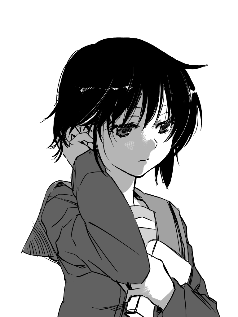 adjusting_hair alternate_hair_color black_cardigan black_hair book cardigan closed_mouth commentary_request greyscale hair_strand holding holding_book looking_afar looking_down monochrome nagato_yuki pine_(pine-box) school_uniform serafuku short_hair simple_background solo suzumiya_haruhi_no_yuuutsu upper_body white_background
