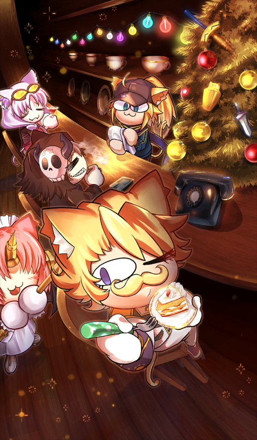 2boys 3girls :3 =_= animal_ears antique_phone bar_(place) baseball_cap black_hat blonde_facial_hair blonde_hair blue_eyes blue_jacket blue_scarf blush brown_hair cake cat_ears chair chibi chibi_only christmas christmas_tree cigar cleaning_rag closed_eyes closed_mouth commentary_request covered_eyes cup dress drinking_glass facial_hair fate/grand_order fate_(series) fisheye food fork hair_ornament hair_over_eyes hair_through_headwear hat holding holding_cigar holding_cloth holding_cup holding_fork holding_plate indoors jacket male_focus metarogu multiple_boys multiple_girls mustache mysterious_neco_g mysterious_neco_v mysterious_neco_w mysterious_neco_x mysterious_neco_y neco_spirit official_art one_eye_closed open_mouth pants phone pink_hair plate ponytail purple_eyes rotary_phone scarf sharp_teeth short_hair sidelocks sitting skull_hair_ornament smoke smoke_trail sparkle standing teeth third-party_source white_dress white_jacket white_pants