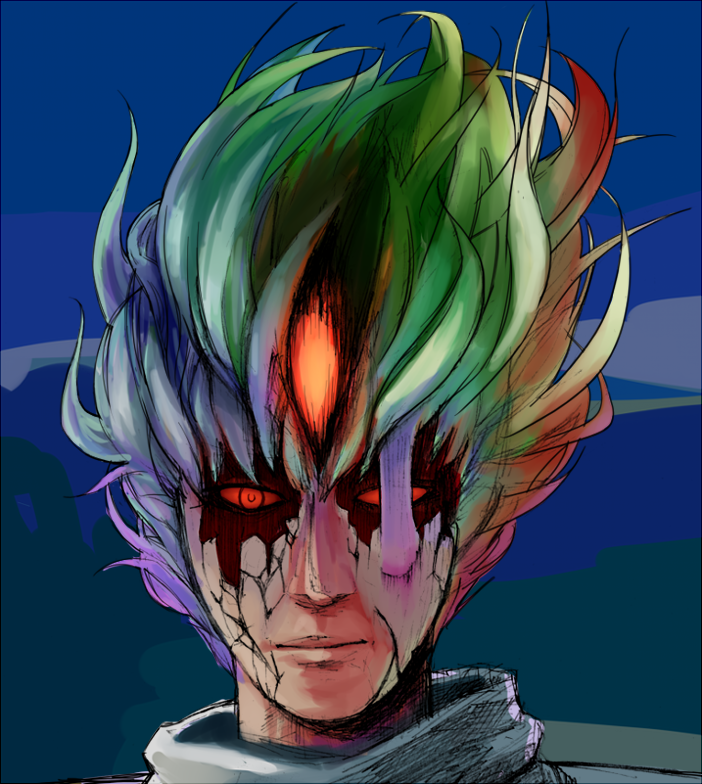 1980s_(style) 1boy baoh baoh_raihousha blue_hair cracked_skin green_hair hashizawa_ikurou male_focus multicolored_hair ninomiya_hitomi retro_artstyle red_eyes red_hair retro_artstyle solo