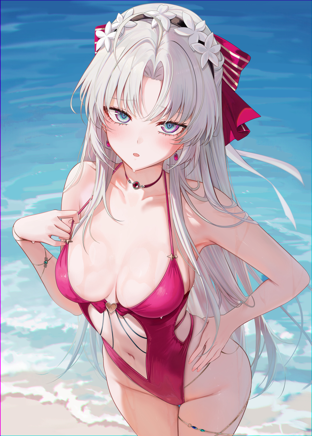 1girl alternate_costume aqua_eyes bare_shoulders blush bow breasts carlotta_(wuthering_waves) casual_one-piece_swimsuit center_opening collarbone commentary cowboy_shot earrings hair_bow hand_on_own_hip highleg highleg_one-piece_swimsuit highres jewelry large_breasts long_hair looking_at_viewer navel one-piece_swimsuit outdoors paid_reward_available parted_bangs parted_lips pink_bow pink_one-piece_swimsuit ru_zhai shore stomach striped_bow swimsuit very_long_hair water wet white_hair wuthering_waves