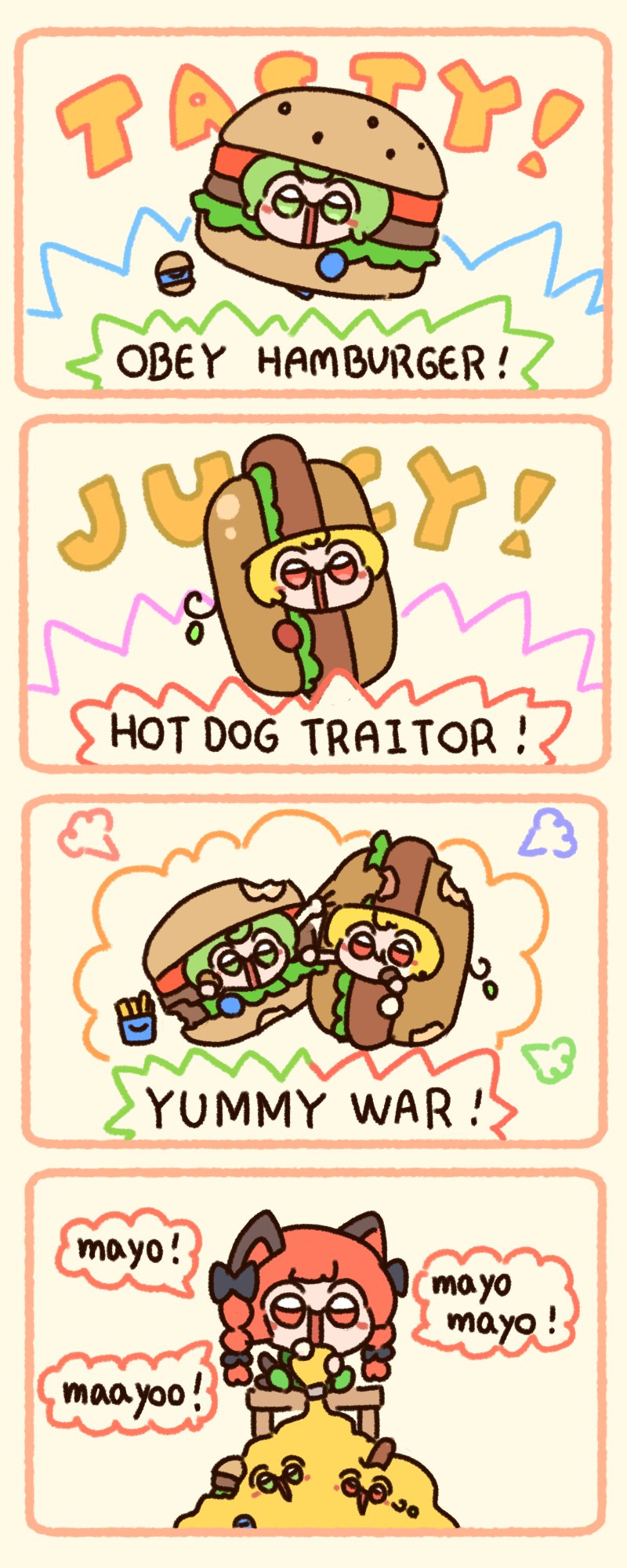 3girls 4koma animal_ears braid burger burger_costume cat_ears cat_tail comic commentary crystal english_commentary english_text flandre_scarlet food green_eyes green_hair highres hot_dog hot_dog_costume kaenbyou_rin komeiji_koishi mayonnaise multiple_girls numenoko red_eyes red_hair side_braids speech_bubble tail tan_tan_pou third_eye touhou twin_braids wings