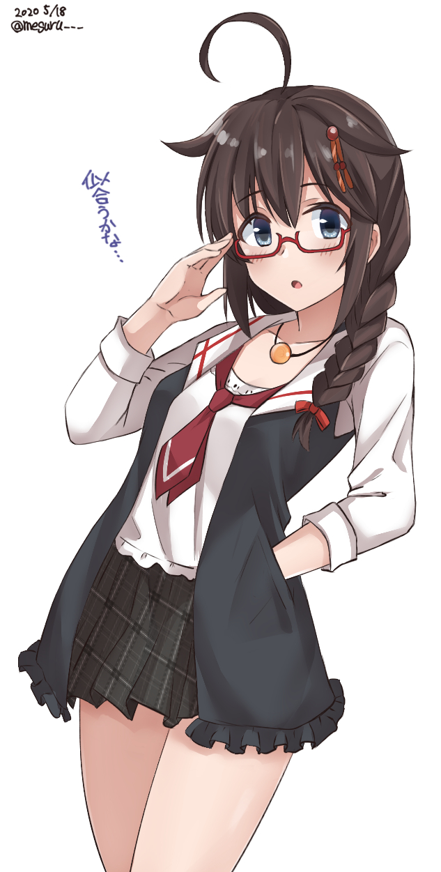 1girl ahoge bespectacled black_hair black_skirt black_vest blouse blue_eyes braid commentary_request cowboy_shot dated female_focus frilled_skirt frills glasses hair_flaps hair_ornament hair_over_shoulder hand_in_pocket highres jewelry kantai_collection looking_at_viewer meguru_(megurunn) neckerchief necklace one-hour_drawing_challenge plaid_clothes plaid_skirt pleated_skirt red-framed_eyewear red_neckerchief shigure_(kancolle) shigure_(saury_festival)_(kancolle) shigure_kai_ni_(kancolle) shirt simple_background single_braid skirt solo vest white_background white_shirt